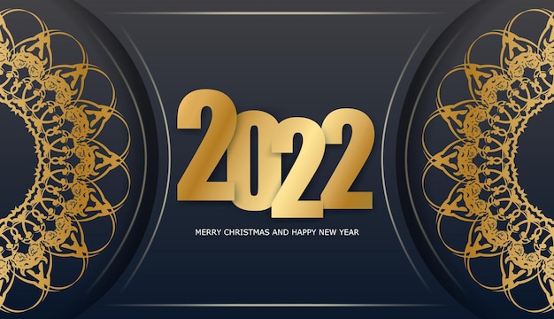 2022 happy new year black greeting card with abstract gold ornament