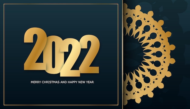 2022 happy new year brochure template dark blue with vintage gold pattern