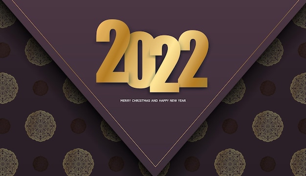 2022 Happy new year burgundy color flyer template with vintage gold ornament