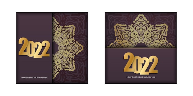 2022 happy new year burgundy color flyer with vintage gold pattern