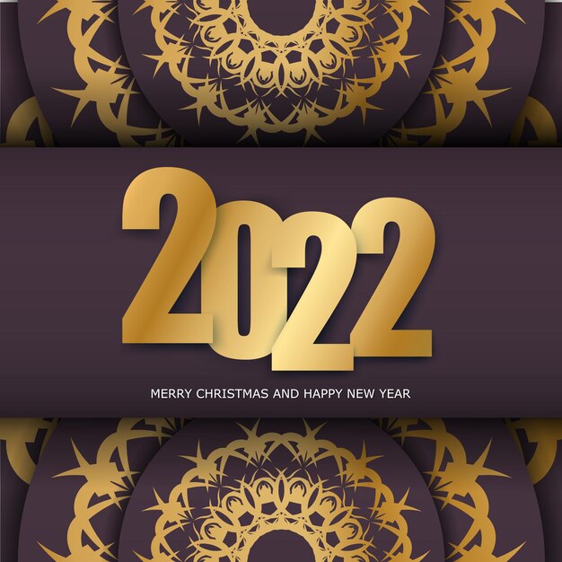 2022 happy new year burgundy color flyer with winter gold ornament