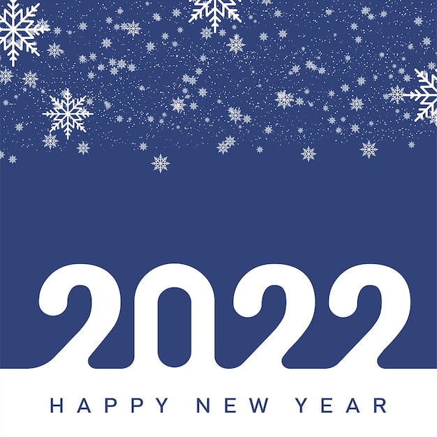 2022 Happy New Year card with falling snowflakes on blue sky. Vector.
