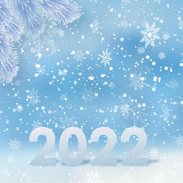 2022 happy new year card with falling snowflakes on blue sky. vector