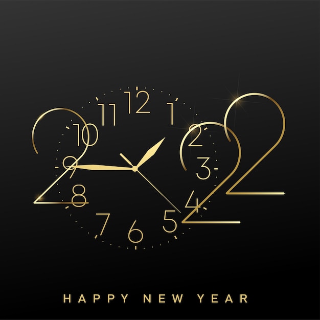 2022 Happy New Year card with golden vintage watch. Vector.