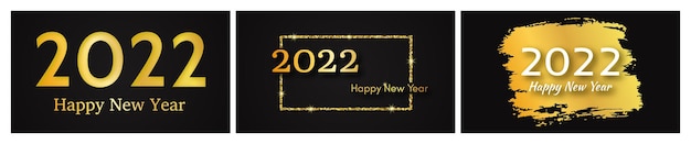 2022 Happy New Year gold background. Set of three abstract gold backdrops with a inscription Happy New Year on dark for Christmas holiday greeting card, flyers or posters. Vector illustration