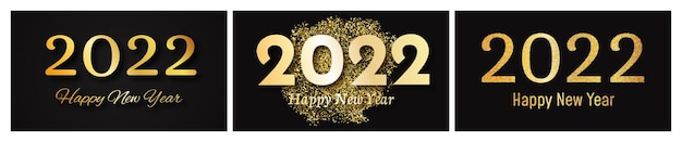 2022 happy new year gold background. set of three abstract gold backdrops with a inscription happy new year on dark for christmas holiday greeting card, flyers or posters. vector illustration