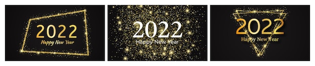 Vector 2022 happy new year gold background. set of three abstract gold backdrops with a inscription happy new year on dark for christmas holiday greeting card, flyers or posters. vector illustration