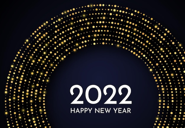 2022 happy new year of gold glitter pattern in circle form. abstract gold glowing halftone dotted background for christmas holiday greeting card on dark background. vector illustration