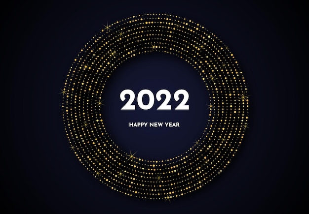 2022 happy new year of gold glitter pattern in circle form. abstract gold glowing halftone dotted background for christmas holiday greeting card on dark background. vector illustration