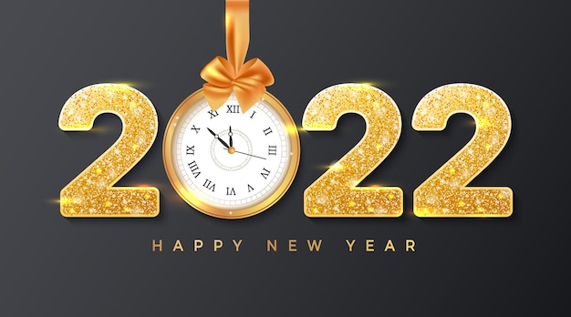 2022 happy new year golden numbers with sequins wall clock bow and ribbon background banner