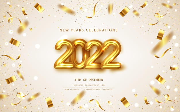 2022年明けましておめでとうございます挨拶の背景と金の弓。ベクトルクリスマスイラスト。