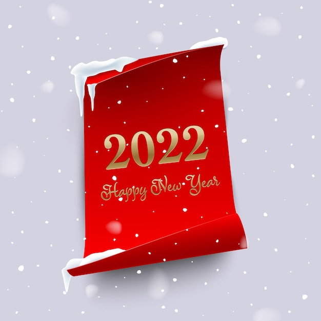 2022 Happy New Year greeting card red sheet with snow