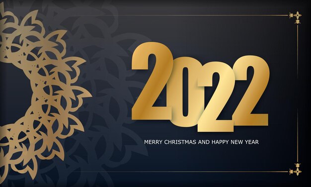 2022 Happy New Year Greeting Card Template Black Color with Vintage Gold Ornament