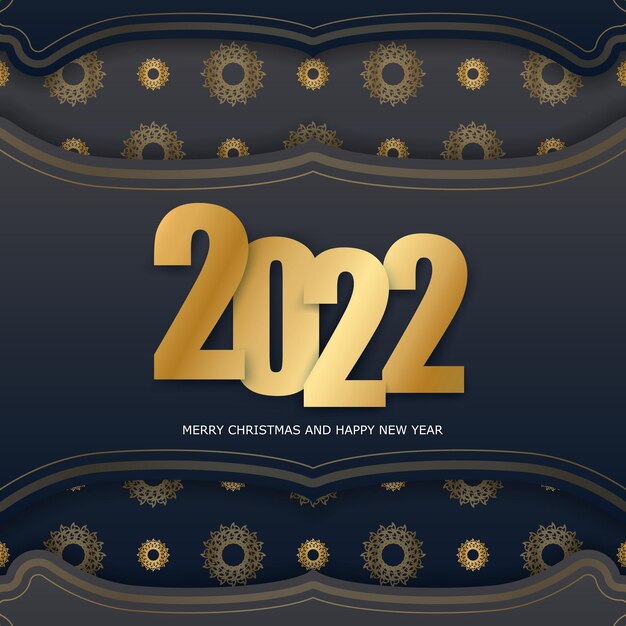 Шаблон поздравительной открытки с Новым годом 2022 года черного цвета с зимним золотым узором