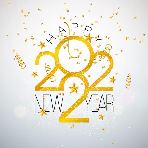 2022 happy new year illustration with shiny gold number fallinbg confetti and serpentine