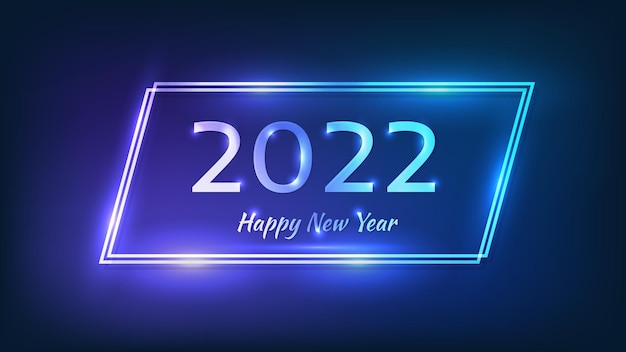 2022 с новым годом неоновый фон. неоновая двойная четырехугольная рамка с сияющими эффектами для рождественских поздравительных открыток, листовок или плакатов. векторная иллюстрация
