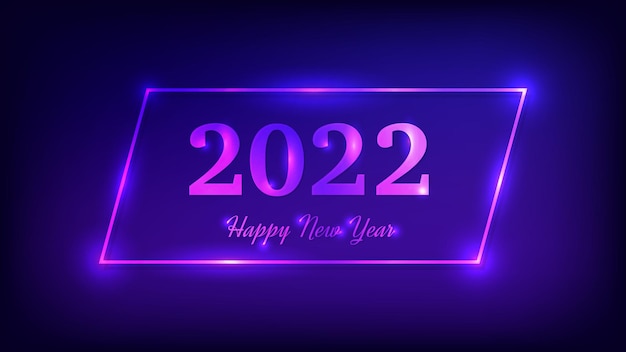 Sfondo al neon di felice anno nuovo 2022. cornice rettangolare al neon con effetti brillanti per biglietti di auguri natalizi, volantini o poster. illustrazione vettoriale