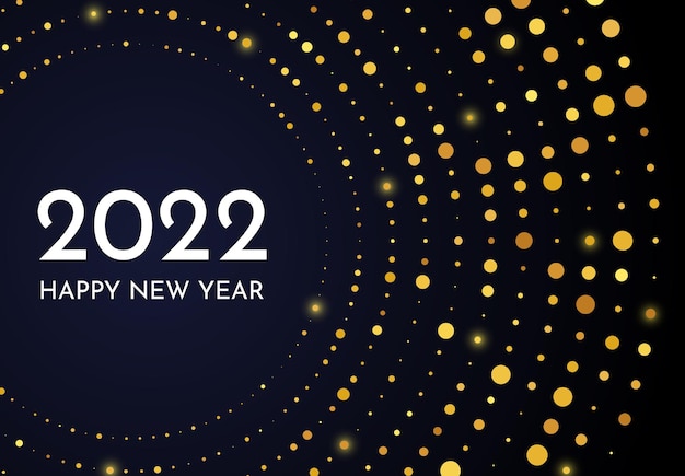 2022年明けましておめでとうございます。円の形をしたゴールドのキラキラパターン。暗い背景の上のクリスマスの休日のグリーティングカードの抽象的な金色に輝くハーフトーンの点線の背景。ベクトルイラスト