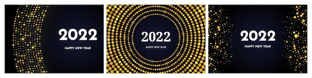 2022年明けましておめでとうございます。円形のゴールドグリッターパターン。暗い背景にクリスマスホリデーグリーティングカード用の3つの抽象的な金色に輝くハーフトーンの点線の背景のセット。ベクトルイラスト