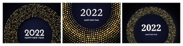 2022년 새해 복 많이 받으세요. 원 형태의 금색 반짝이 패턴입니다. 어두운 배경에 크리스마스 휴일 인사말 카드에 대한 3개의 추상 금 빛나는 하프톤 점선 배경 세트. 벡터 일러스트 레이 션