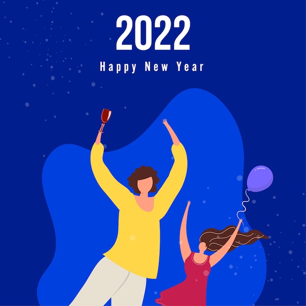 2022 happy new year posterontwerp met anonieme tienermeisjes dansen op blauwe achtergrond.