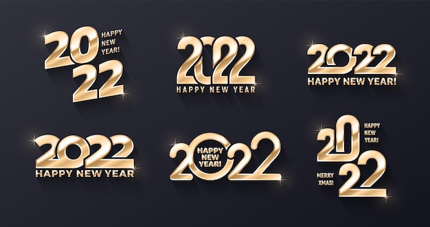 2022 Happy New Year Premium gouden Logo verschillende 3D-tekst Design Templates collectie op donkere achtergrond. Variaties van Happy New Years typografische gouden metalen ontwerpelementen Set