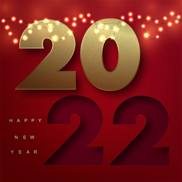 2022 Happy New Year red paper cut out card with Xmas garlands. Vector