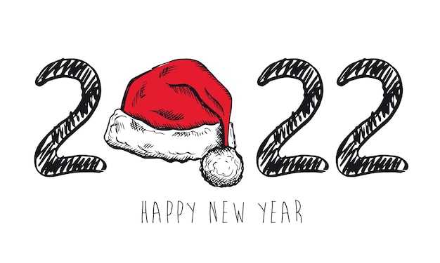 2022 Happy New Year Santa Hat Hand drawn illustration