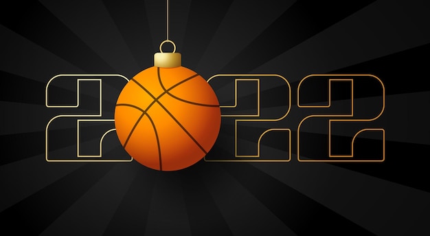 Vector 2022 happy new year. sports greeting card with golden basketball ball on the luxury background. vector illustration.