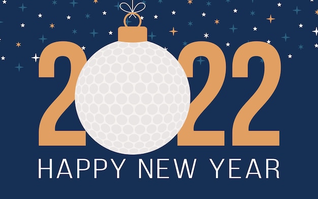 2022 Happy New Year. Sports greeting card with golf ball on the sky star blue background. Vector illustration.