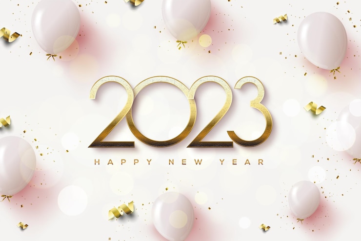 Vector 2022 happy new year with gold numbers and pink balloons