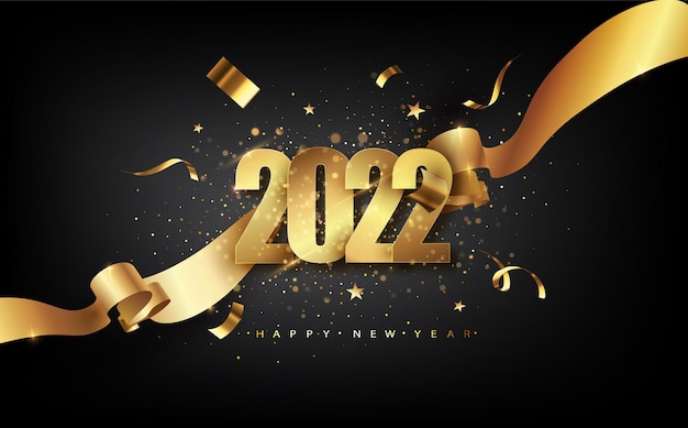 2022年明けましておめでとうございます。金色のギフト用の弓、紙吹雪、白い数字。