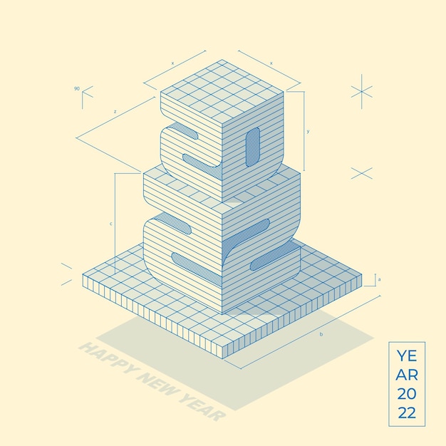 2022 isometrische 3d typografie schets ontwerpconcept, typografie brieven, gelukkig nieuwjaar illustratie.