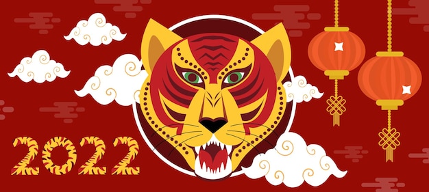 2022. Jaar van de tijger. Moderne poster voor het nieuwe jaar voor volgens de Oost-Chinese kalender met tijgers en tropische bladeren. vector illustratie