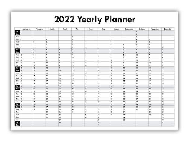 2022 Jaarplanner zwart-wit overzicht