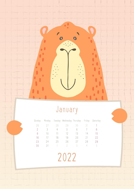 Vettore calendario gennaio 2022 simpatico cammello animale con in mano un foglio di calendario mensile disegnato a mano in stile infantile