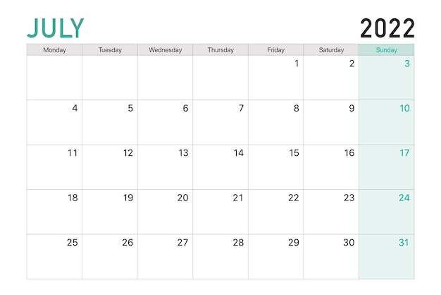 Vettore 2022 luglio illustrazione vettore scrivania calendario settimane iniziano lunedì in tema verde chiaro e bianco