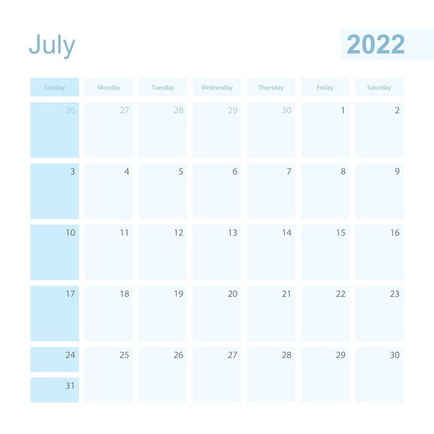 Vector 2022 july wall planner in blue color, week starts on sunday.