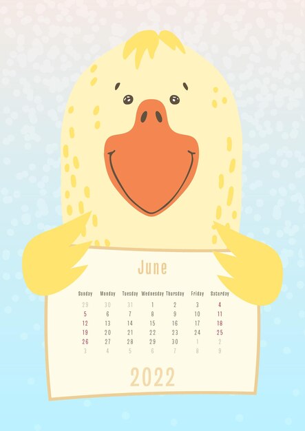 Vector 2022 june calendar cute duck goose bird holding a monthly calendar sheet hand drawn childish style