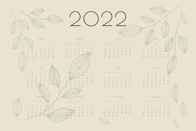 Vector 2022 kalender met handgetekende bladeren en takken planner organisator sjabloon in groene natuurlijke eco-stijl