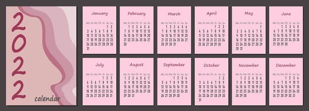 2022 kalender, verticale kalender 2022 sjabloon in roze pastelkleuren, de week begint op maandag