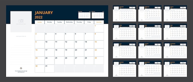 Vector 2022 kalenderplanner ingesteld voor sjabloon huisstijl week start op zondag.