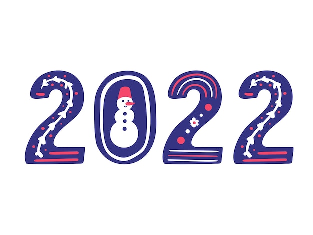 2022 글자 손으로 그린 장식 텍스트 눈사람과 새해 복 많이 받으세요 2022 그림