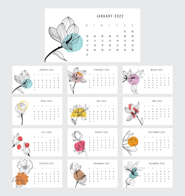 Vector 2022 lineart flowers calendar design