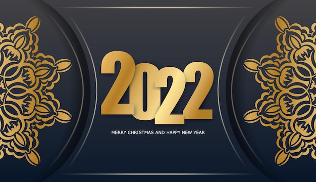 2022 Merry Christmas Black Greeting Card with Vintage Gold Pattern