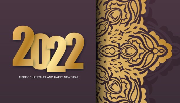 2022 merry christmas burgundy flyer with luxury gold ornaments