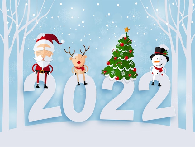 2022 buon natale buon natale compagni. babbo natale, pupazzo di neve, renna ed elfo nella scena della neve di natale con stile artigianale sullo sfondo.