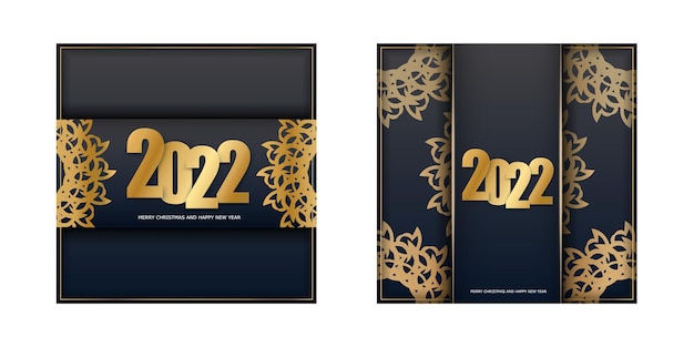 2022 Merry Christmas and Happy New Year Black Color Flyer Template with Winter Gold Ornament