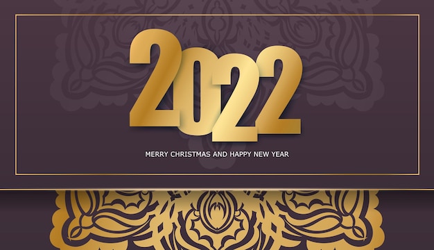 Vector 2022 merry christmas and happy new year burgundy color flyer with abstract gold ornament