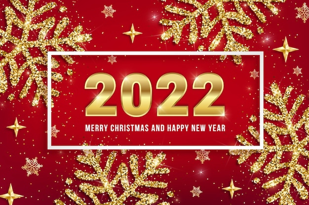 2022 Merry Christmas and Happy New Year greeting card design with golden date numbers, gold glitter snowflakes and shiny stars on red background. Vector illustration for web, xmas banner, email, flyer